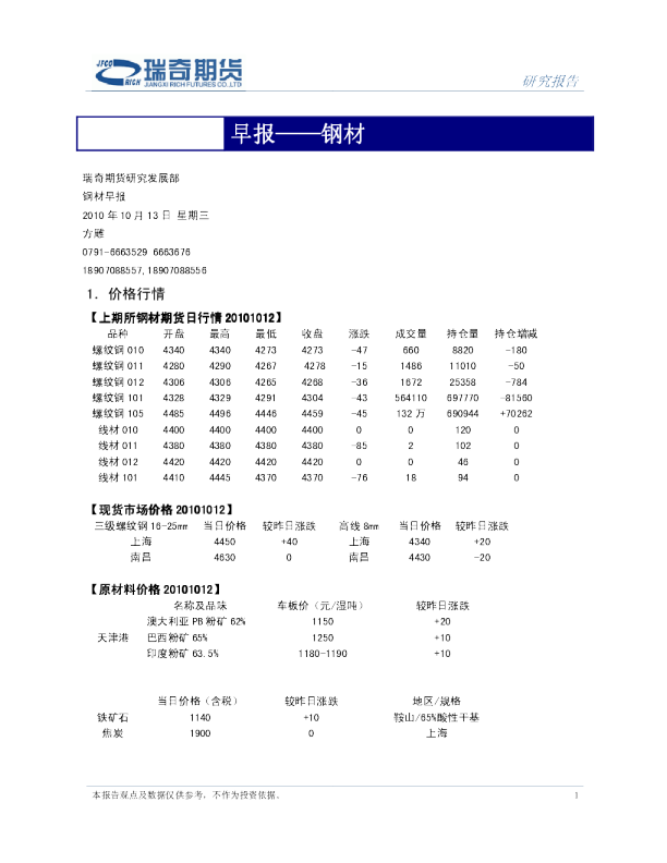 瑞奇期货钢材早报
