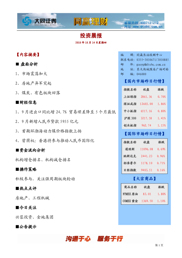大同证券同赢长治投资晨报