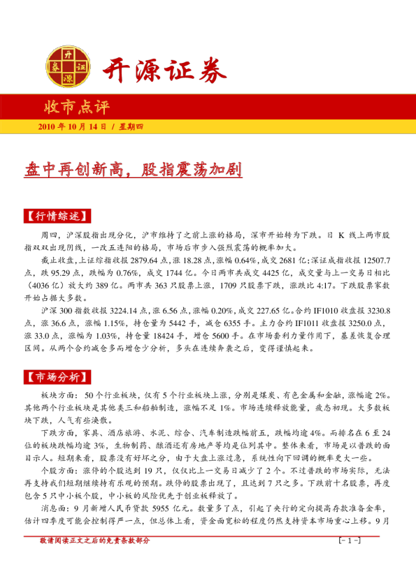 开源证券收市点评