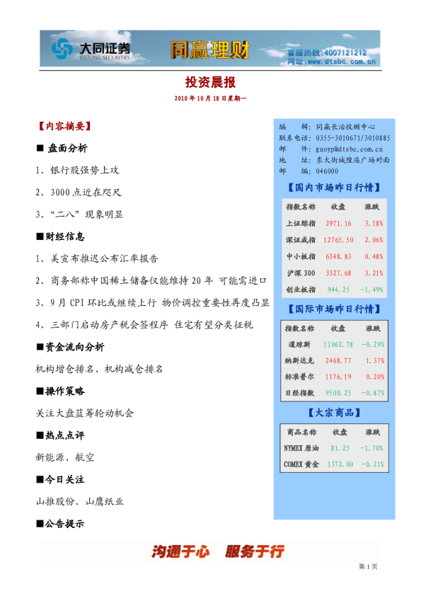 大同证券同赢长治投资晨报