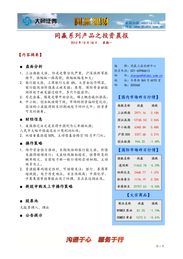 大同证券同赢上海投资晨报