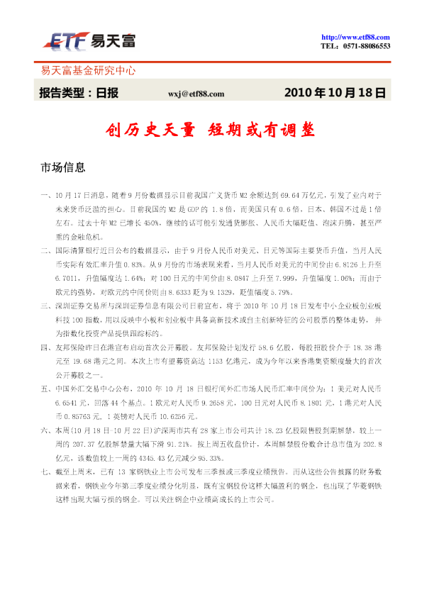 每日投资策略:创历史天量 短期或有调整