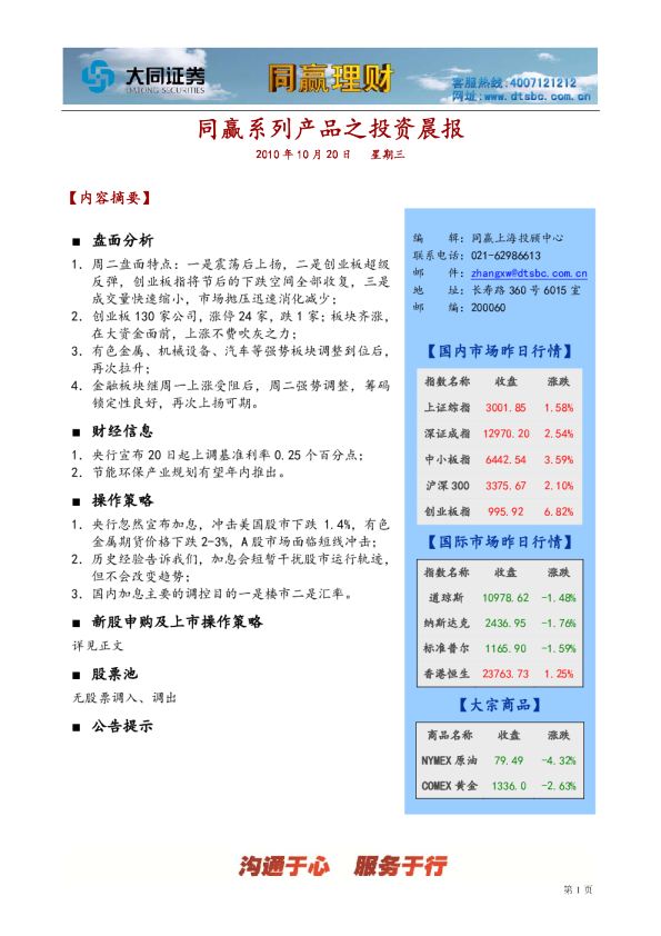 大同证券同赢上海投资晨报