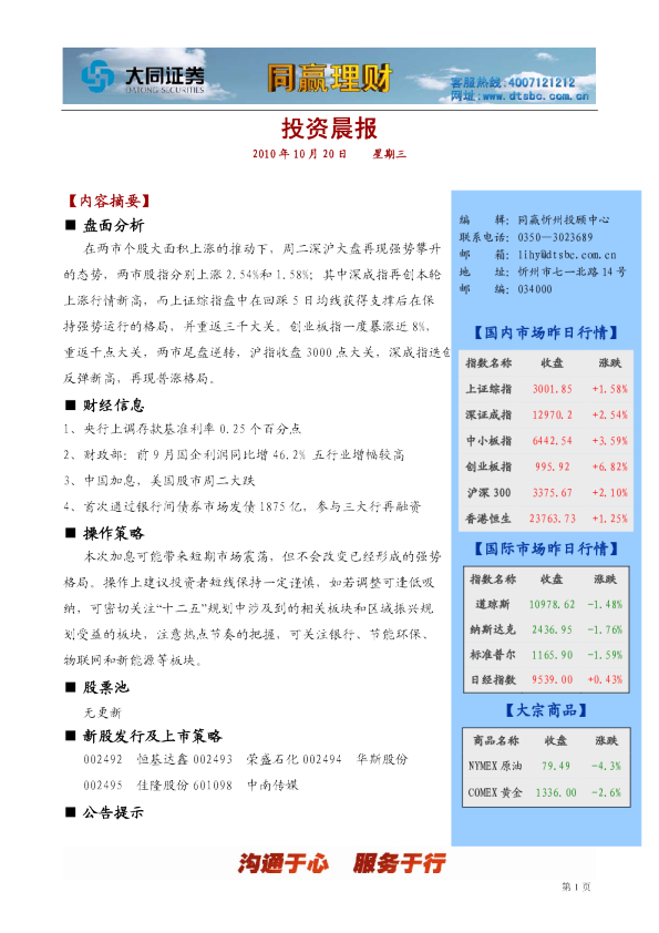 大同证券同赢忻州投资晨报