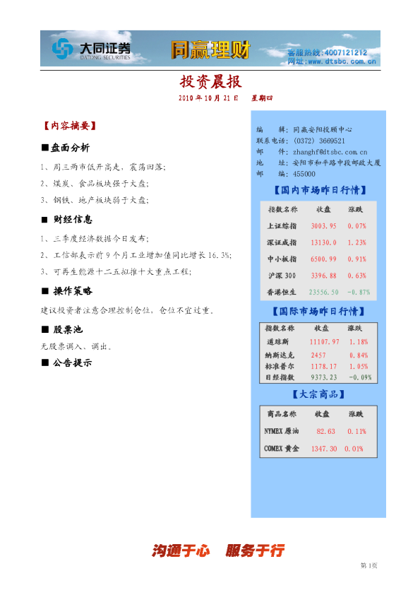 大同证券同赢安阳投资晨报