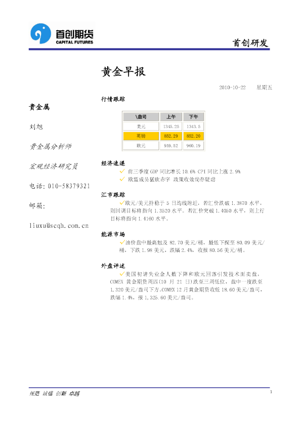 首创期货黄金早报