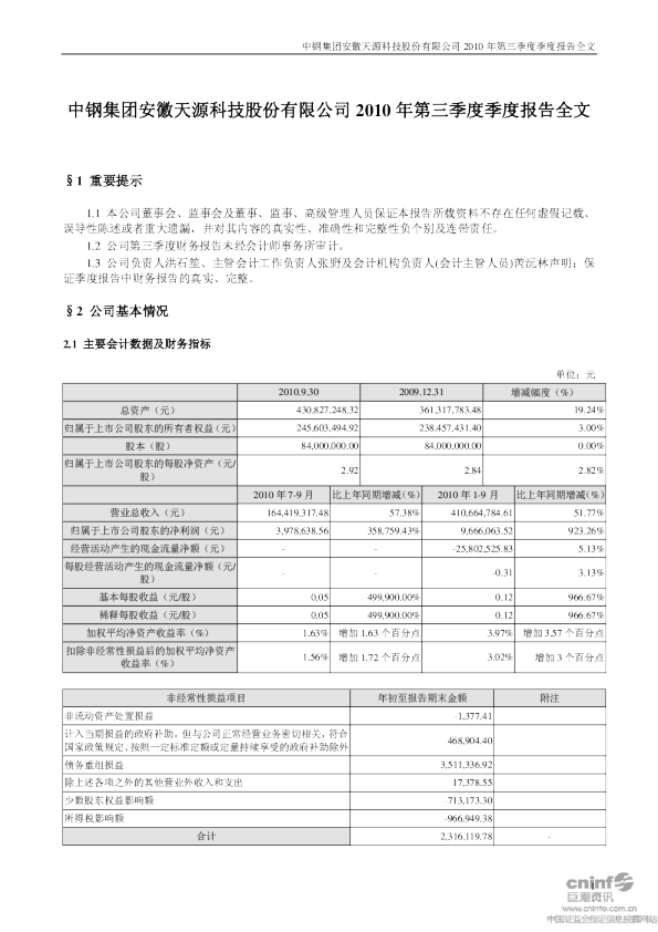中钢天源：2010年第三季度报告全文