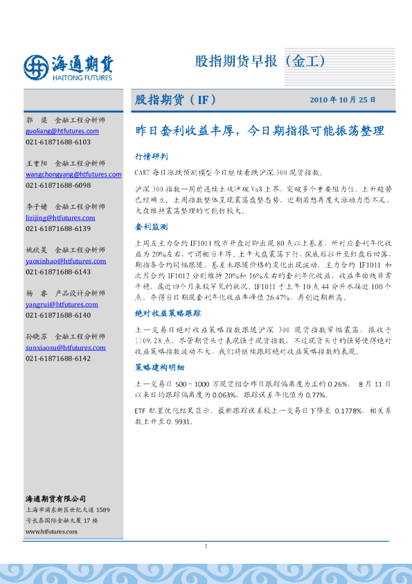 海通期货股指期货早报