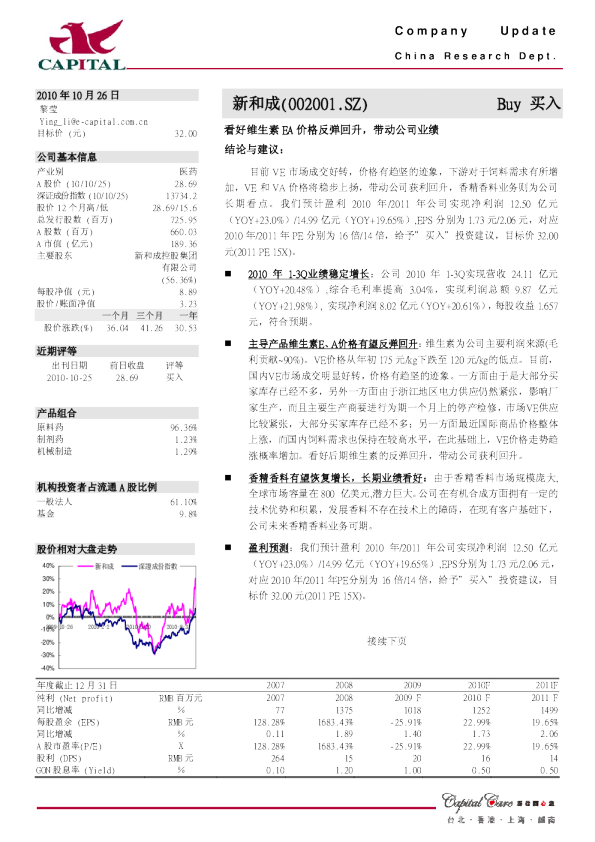 看好维生素EA价格反弹回升,带动公司业绩
