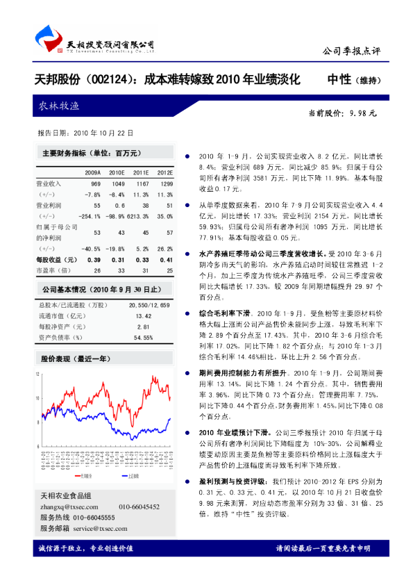 成本难转嫁致2010年业绩淡化