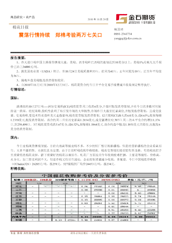 金石期货棉花日报