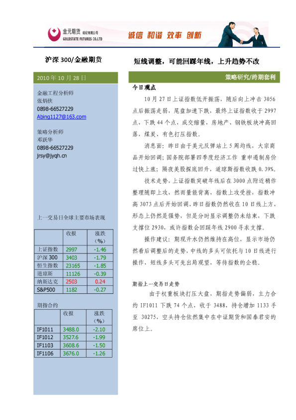 金元期货沪深300/金融期货
