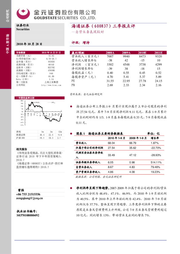 三季报点评：自营业务表现较好