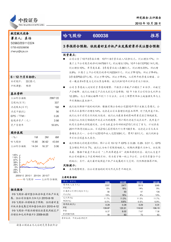 哈飞股份：3季报符合预期,依然看好直升机产业发展前景并关注整合预期