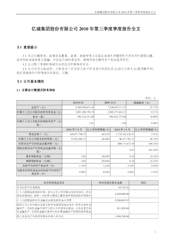 亿城股份：2010年第三季度报告全文