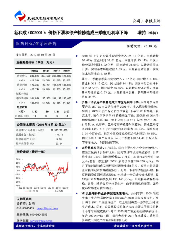 价格下滑和停产检修造成三季度毛利率下降