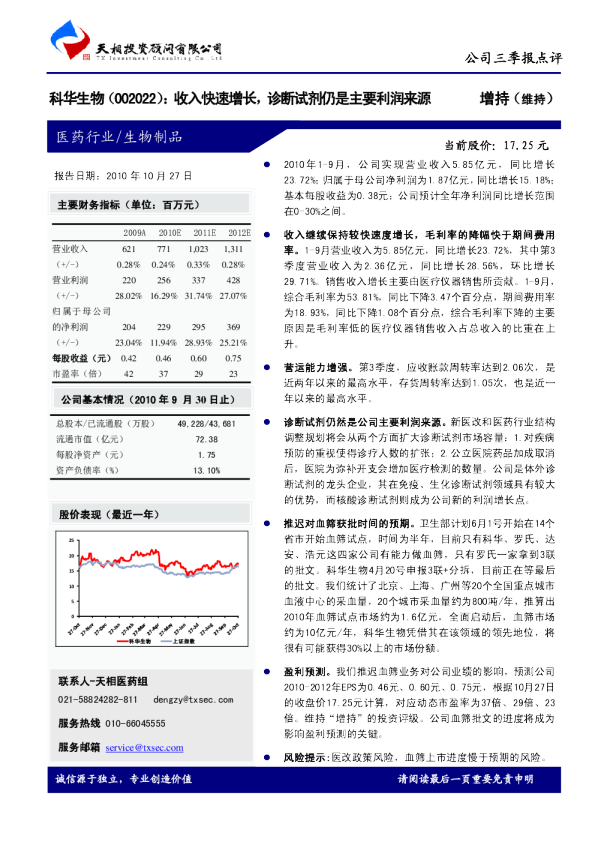 收入快速增长，诊断试剂仍是主要利润来源