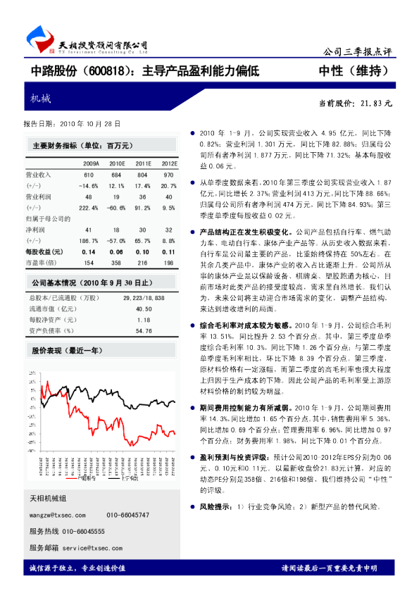 主导产品盈利能力偏低