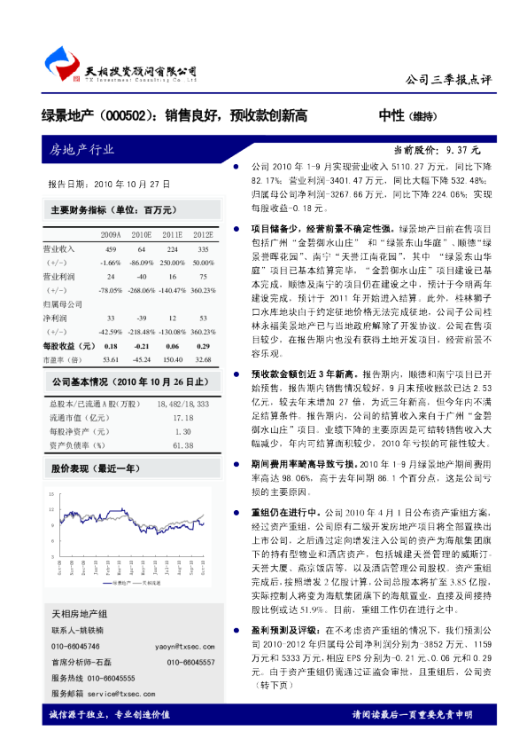 绿景地产：销售良好，预收款创新高