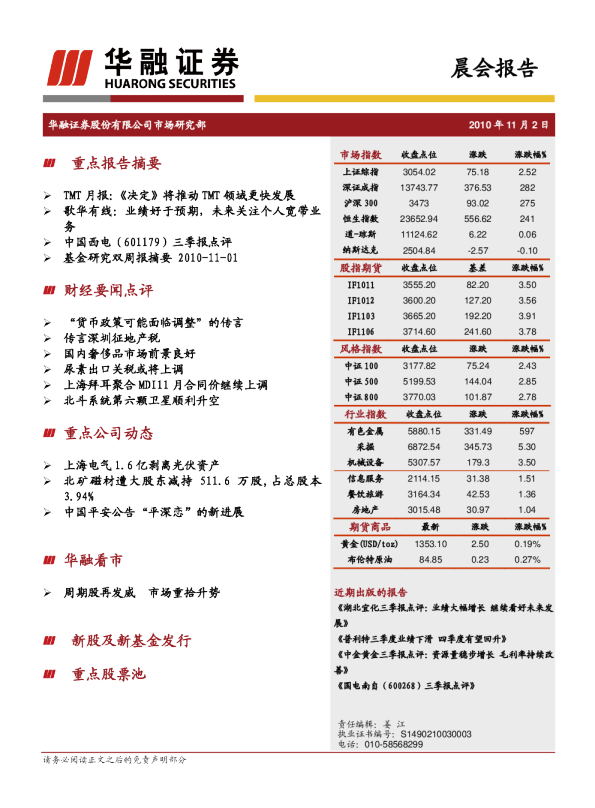 华融证券晨会报告