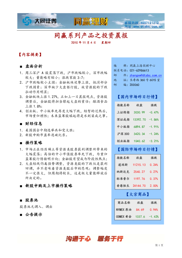 大同证券同赢上海投资晨报