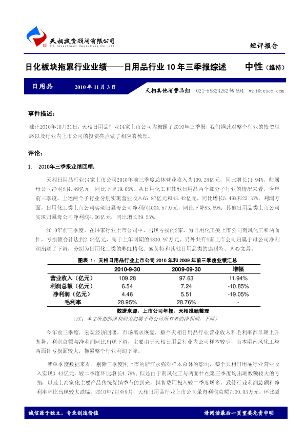 日用品行业10年三季报综述：日化板块拖累行业业绩