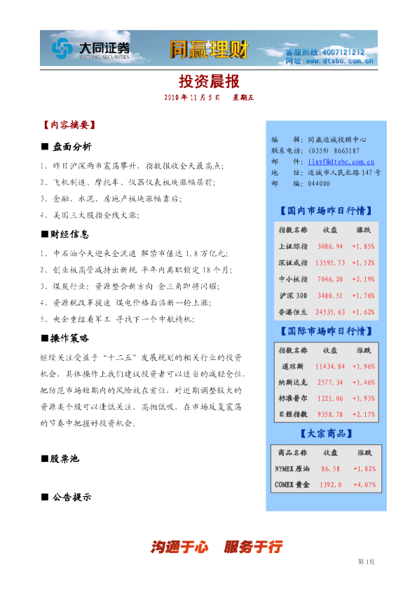大同证券同赢运城投资晨报