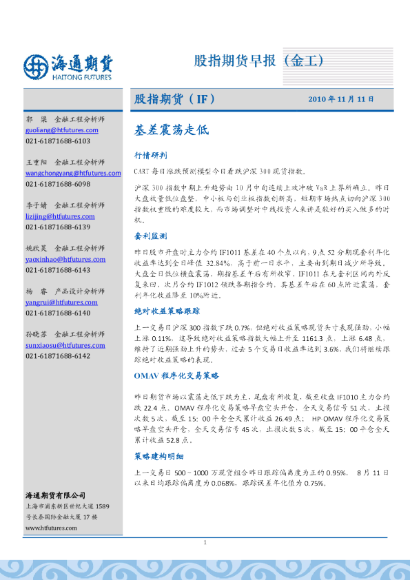 股指期货：基差震荡走低