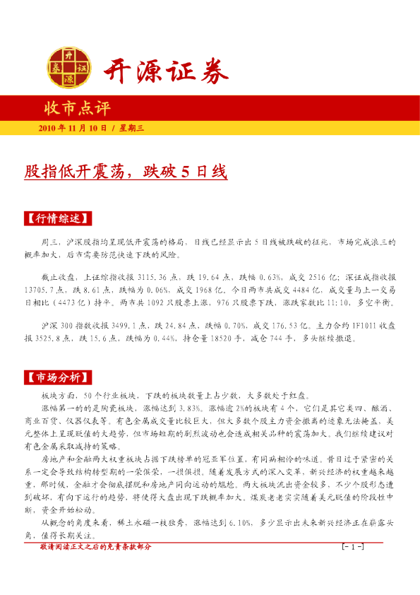 开源证券收市点评