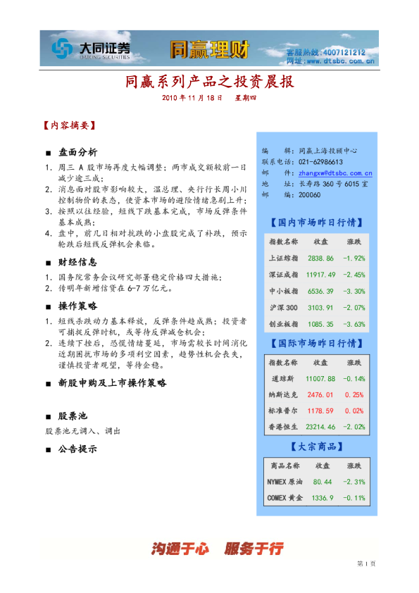 大同证券同赢上海投资晨报
