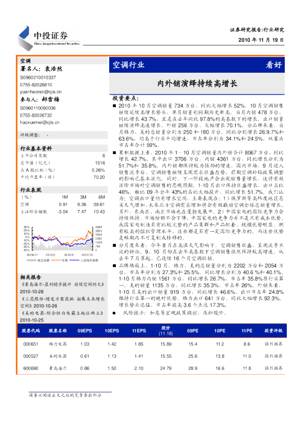 空调行业1-10月销售数据点评：内外销演绎持续高增长