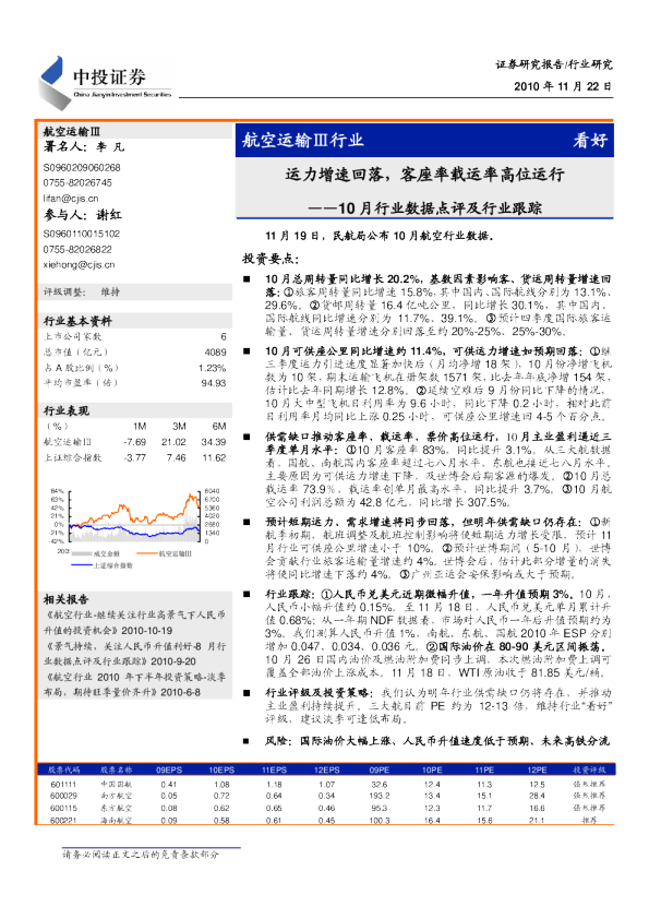 航空运输行业10月行业数据点评及行业跟踪：运力增速回落,客座率载运率高位运行