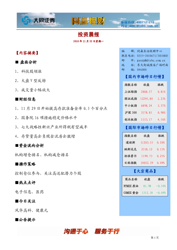 大同证券同赢长治投资晨报