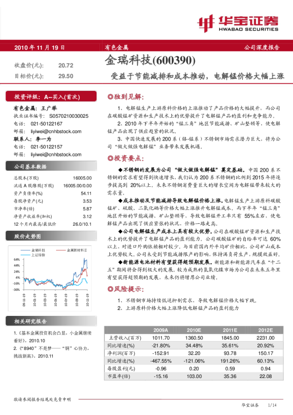 金瑞科技(600390)：受益于节能减排和成本推动，电解锰价格大幅上涨