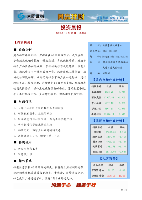 大同证券同赢东胜投资晨报