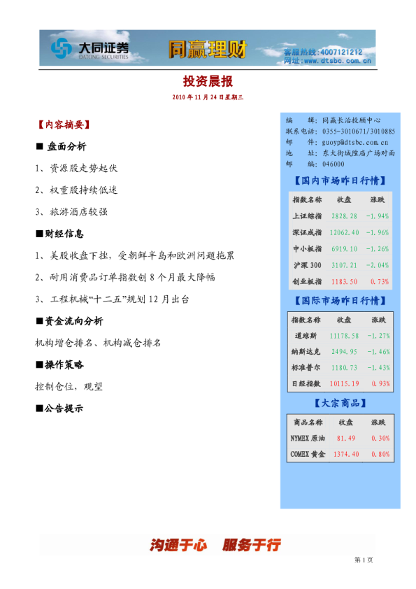大同证券同赢安阳投资晨报