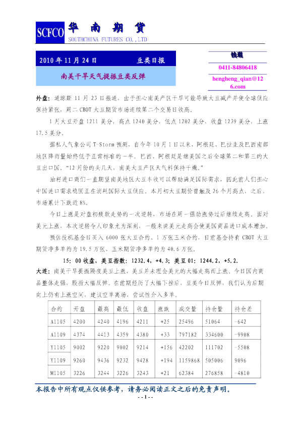 豆类日报：南美干旱天气提振豆类反弹