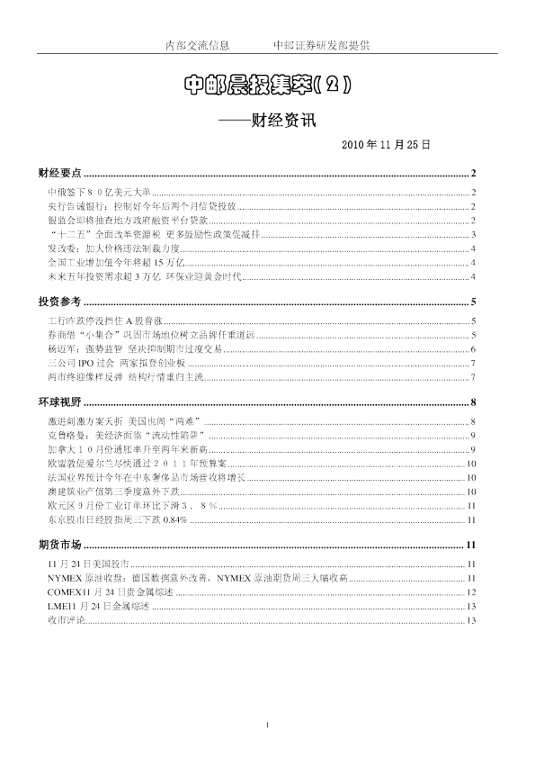中邮晨报集萃( 2 )：财经资讯