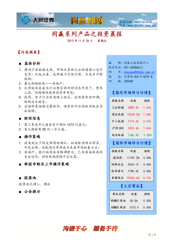 大同证券同赢上海投资晨报