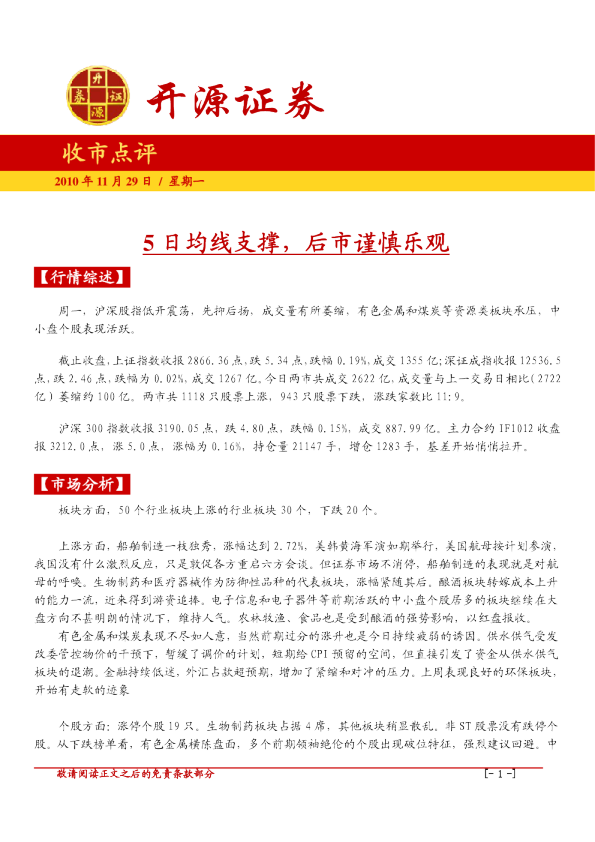 开源证券收市点评