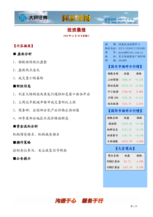 大同证券同赢长治投资晨报