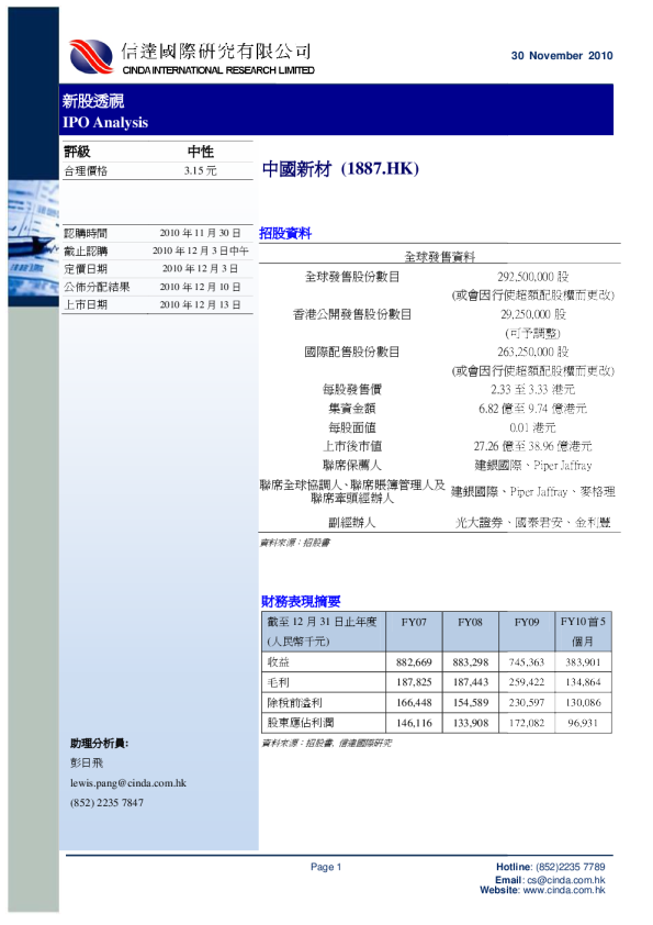 中国新材新股透视