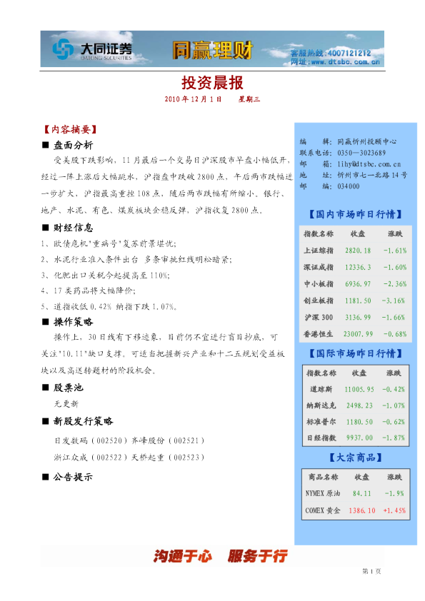 大同证券同赢忻州投资晨报