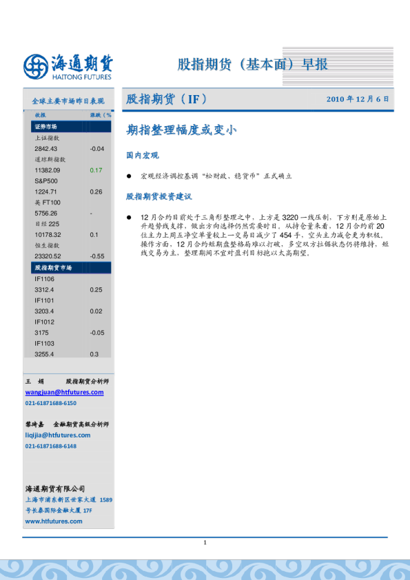 股指期货：期指整理幅度或变小