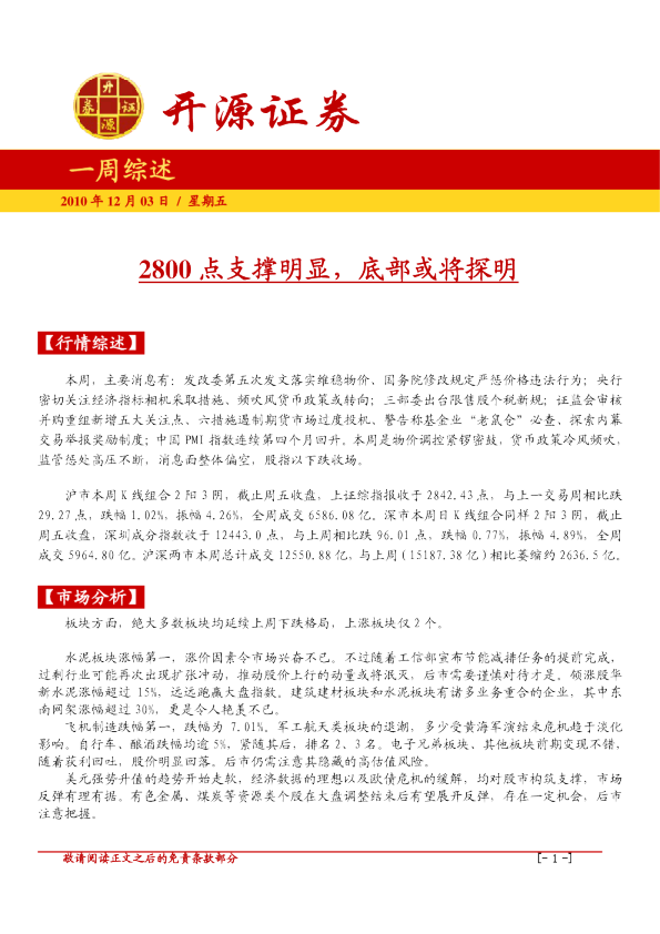 一周综述：2800点支撑明显,底部或将探明