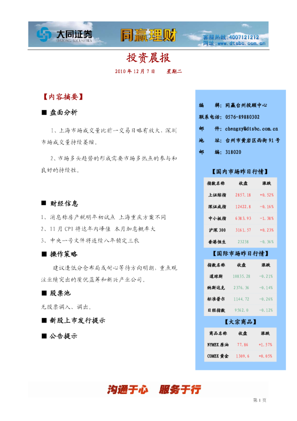 大同证券同赢台州投资晨报
