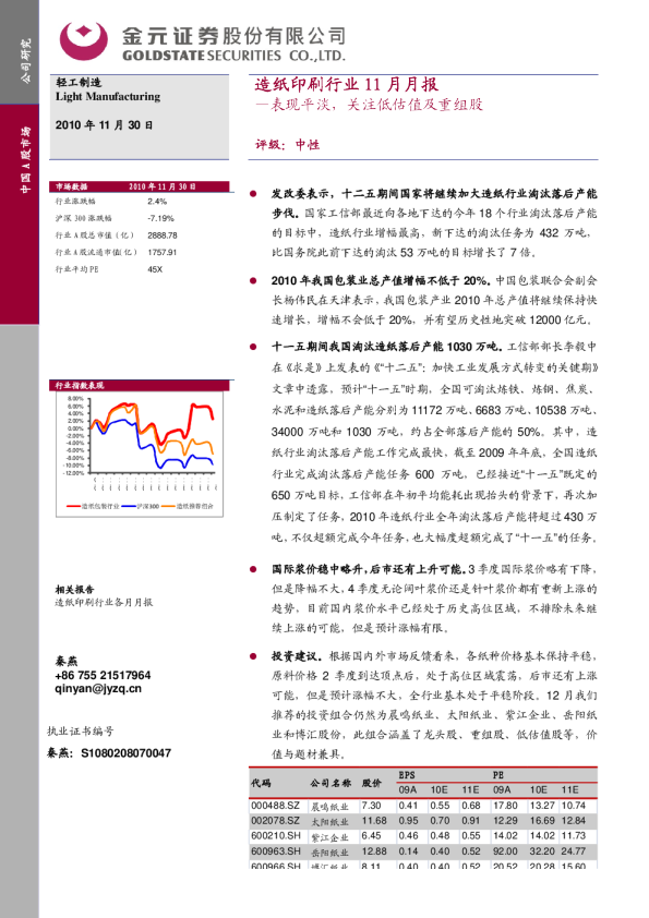 造纸印刷行业11月月报：表现平淡,关注低估值及重组股
