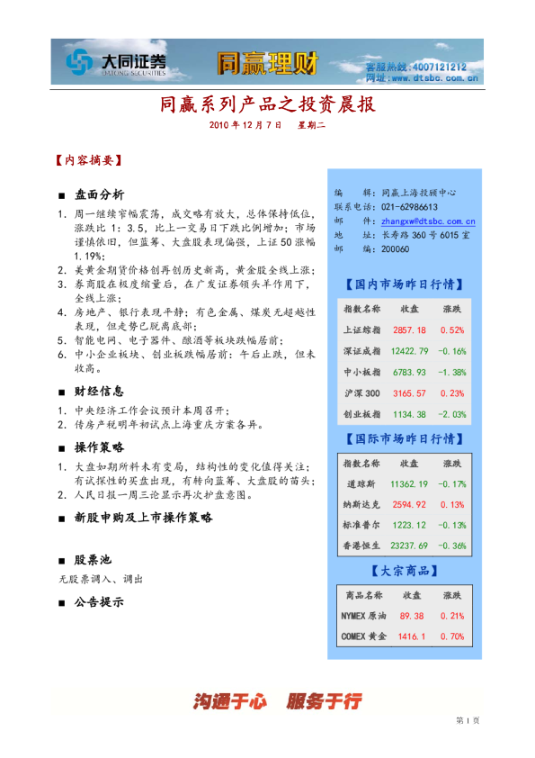 大同证券同赢上海投资晨报