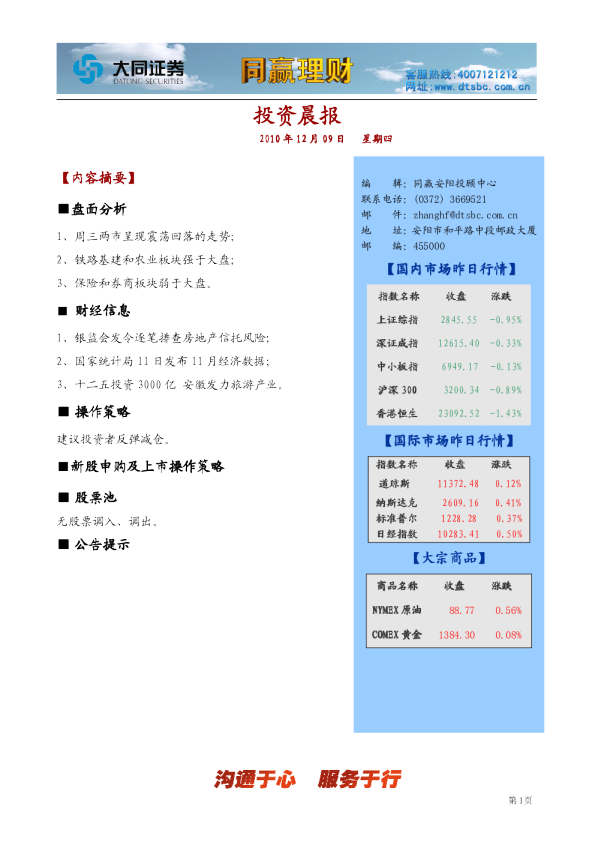 大同证券同赢安阳投资晨报