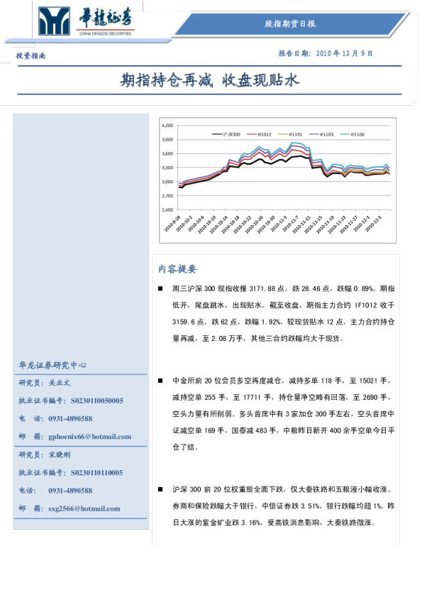 股指期货日报：期指持仓再减,收盘现贴水